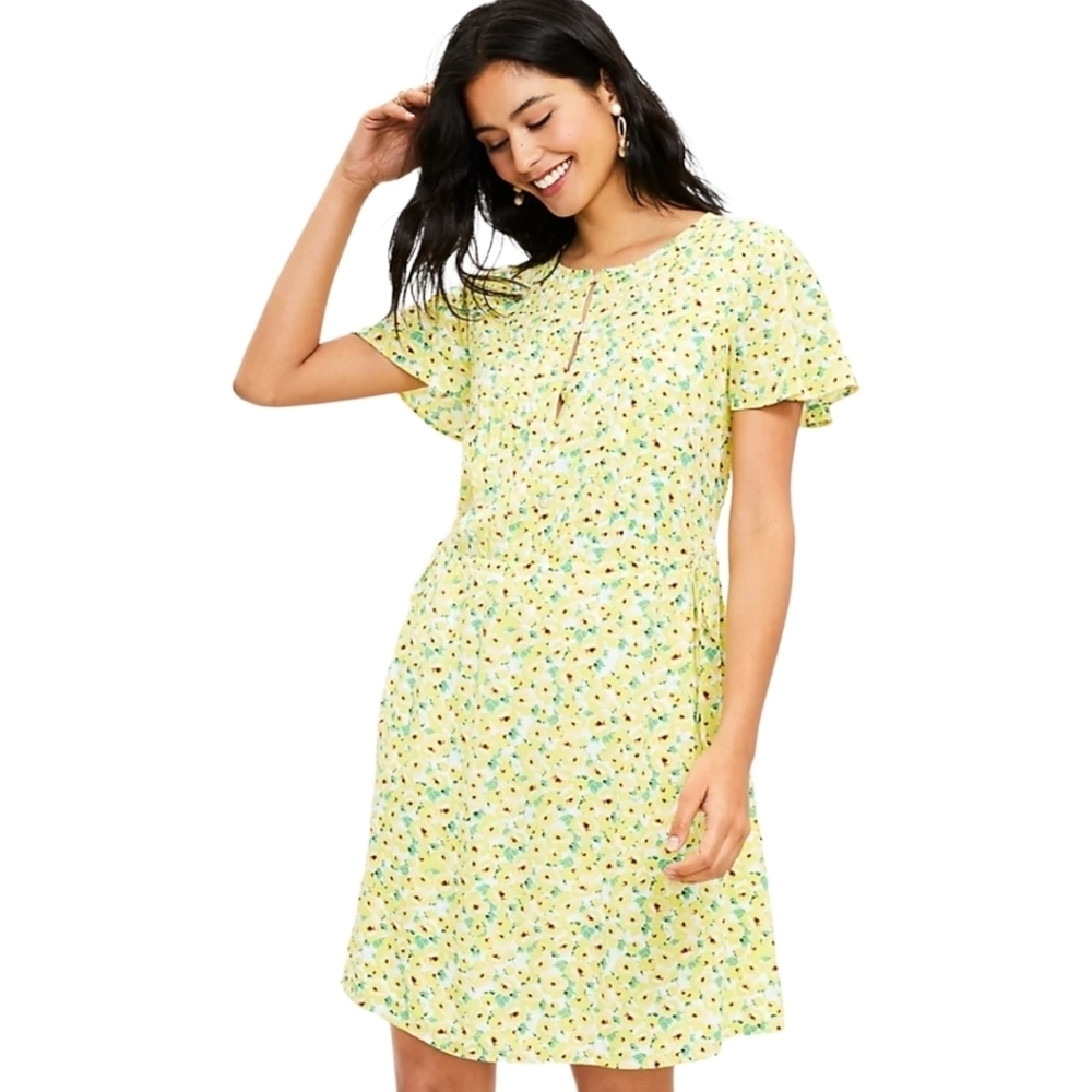 LOFT Floral Pintucked Side Tie Dress